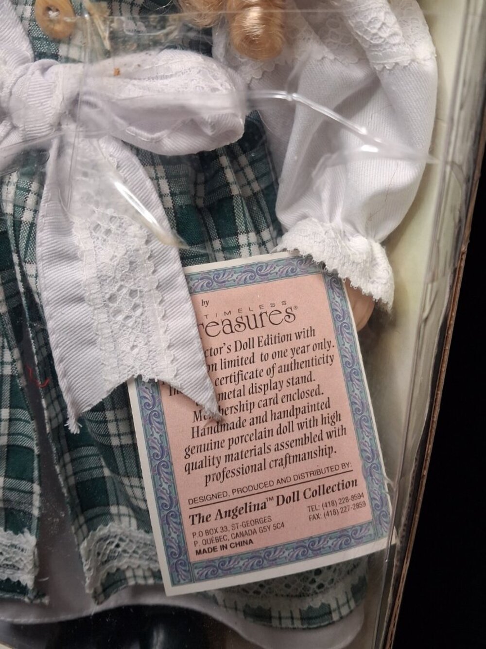 Vintage 2001 Angelina Collection Fine Porcelain Doll Green Plaid NIB w/ COA - Picture 4 of 16